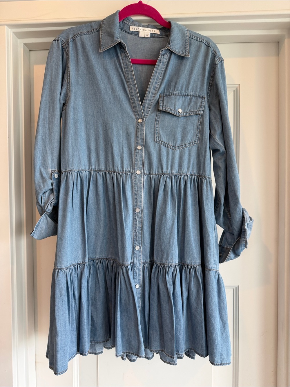Veronica Beard Chambray Tiered Button-Front Dress in Light Blue